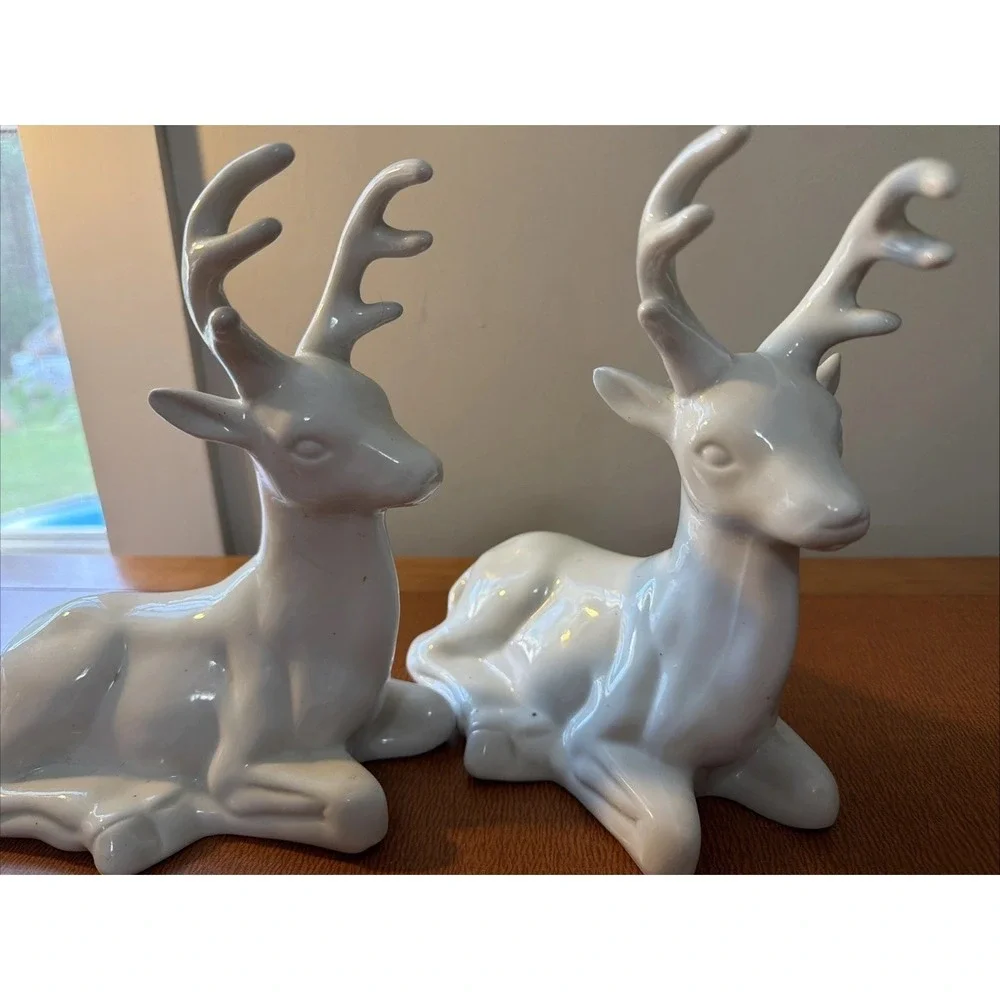 Vintage Pair Of White Porcelain Christmas Deer Buck Laying Figurine 8.5